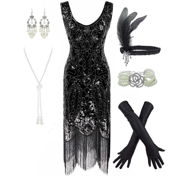 Women's 1920s Flapper Fringe Beaded Great Gatsby Party Dress With Costume Set🐬